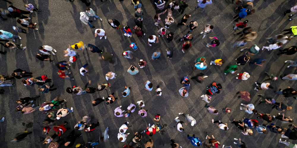 An aerial shot of the people gathered