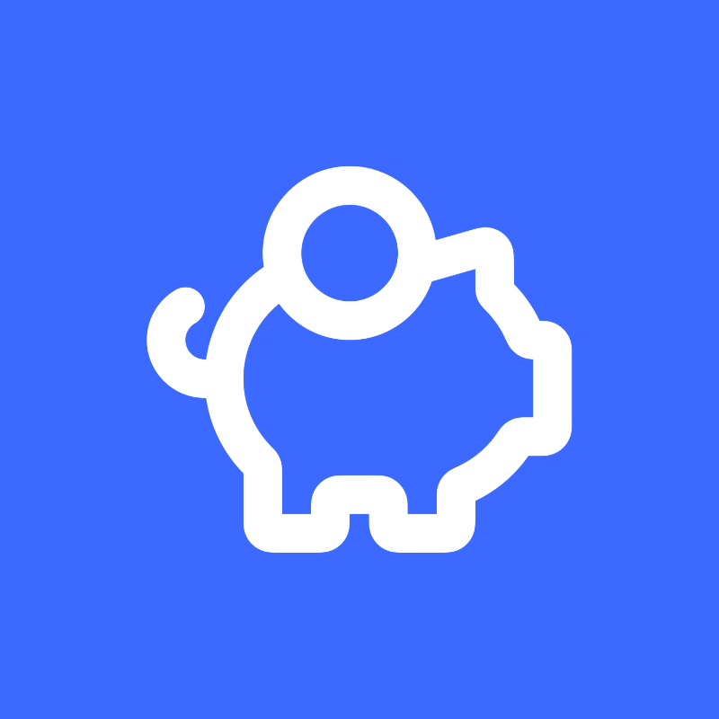 White piggy bank icon on blue background.