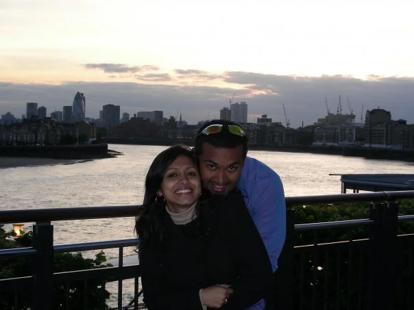 With my husband (and my rock) on an evening after work in Canary Wharf, London.