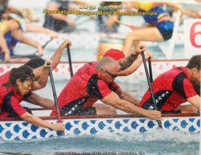 Jia (front left) competing at the 2016 Australian Dragon Boat Championships in South Australia.
