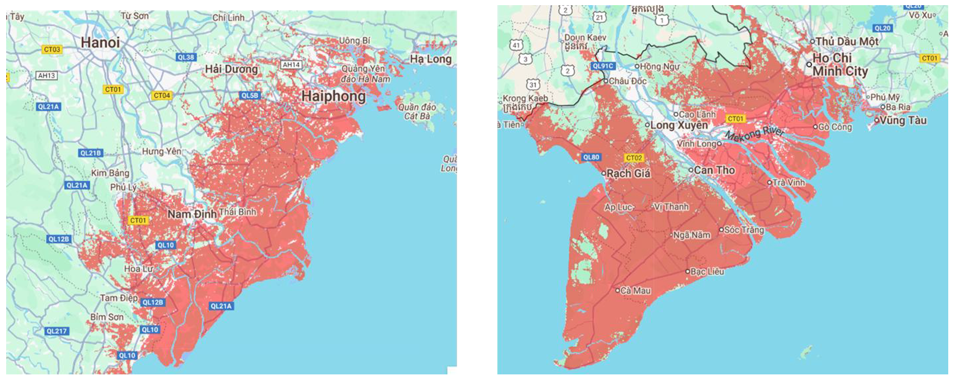 Two side-by-side maps of Vietnam showing projected sea level rise impacts under a pessimistic climate scenario. Red shaded areas indicate land below the tideline that would be affected by flooding. The left map shows northern Vietnam including Hanoi, Haiphong, and the Red River Delta with extensive coastal flooding. The right map shows southern Vietnam including Ho Chi Minh City and the Mekong Delta with significant inundation of low-lying coastal and delta regions.