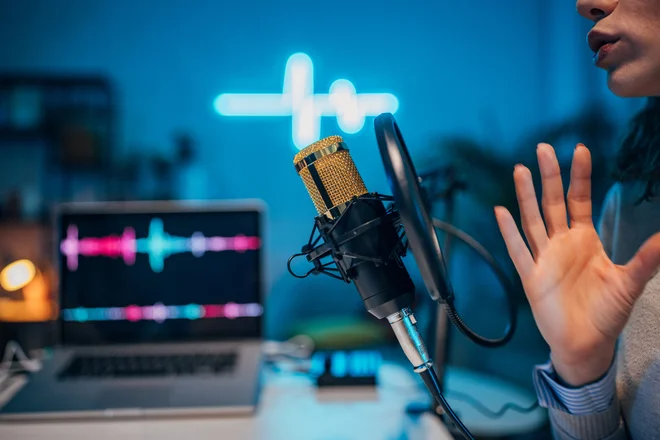 Young woman in the podcast studio