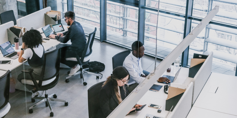 A high shot of office workers, working in an office.