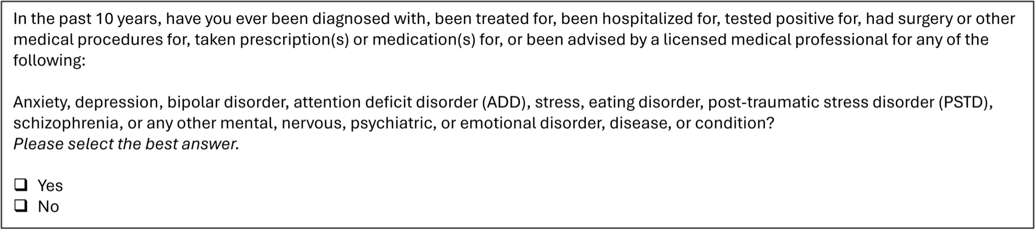 A figure showing control mental health questions