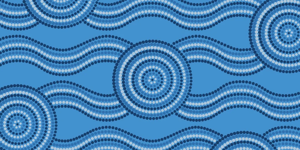An Aboriginal-style dot painting featuring circular patterns and flowing lines in shades of blue.
