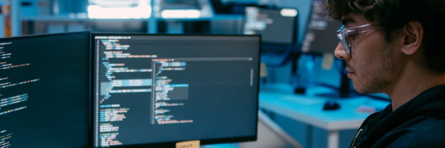 Image of a man sat at computer screens displaying AI coding