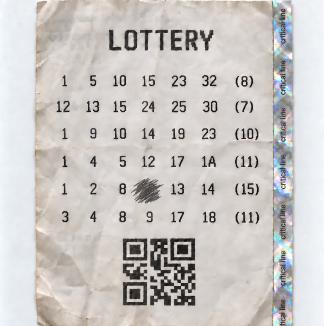 A lottery ticket with entries: [1, 5, 10, 15, 23, 32, (8)], [12, 13, 15, 24, 25, 30, (7)], [1, 9, 10, 14, 19, 23, (10)], [1, 4, 5, 12, 17, 1A, (11)], [1, 2, 8, SMUDGE, 13, 14, (15)], [3, 4, 8, 9, 17, 18, (11)].