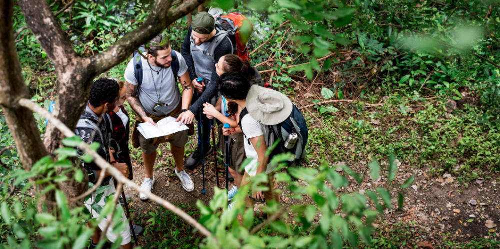 Trekking together in a forest