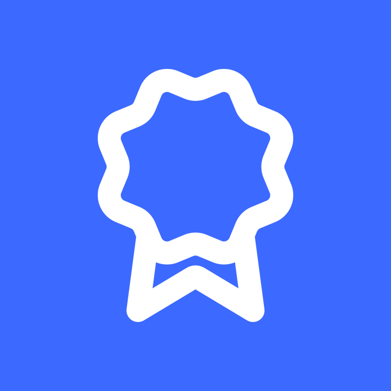 White icon representing certification on blue background