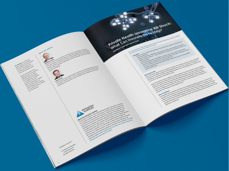 An open copy of the Actuaries Institute Dialogue paper "Private Health Insurance Bill Shock: What Can Insurers Do to Help?" displayed against a blue background.