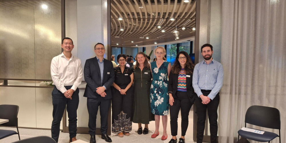 A photo of LR: Jason Yu, Adrian Karloic, Kriti Khullar, Julia Lessing, Jenifer Walton, Bianka Grange and YAP NSW Chair 
Zack Domrow