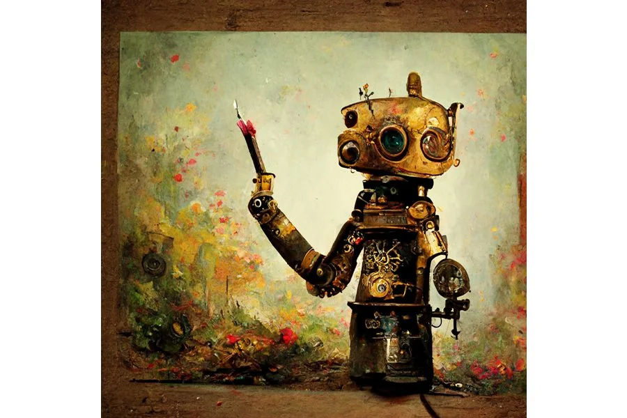 Midjourney creation, with input ‘A steampunk robot hand holding a paintbrush and painting a picture’. under a CC BY 4.0 license.