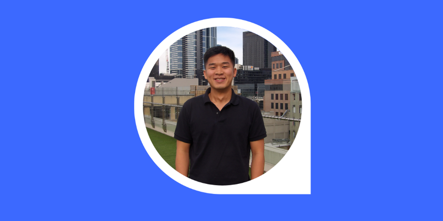 A headshot of Jason Chong in a viewfinder against a vibrant blue background