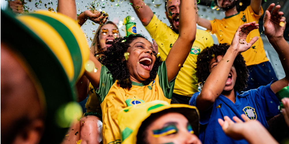 Brazilian soccer fan celebrating with passion and excitement
