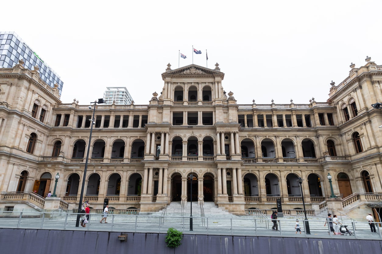 Brisbane, Australia - January 25, 2020: Treasury building on a cloudy day.