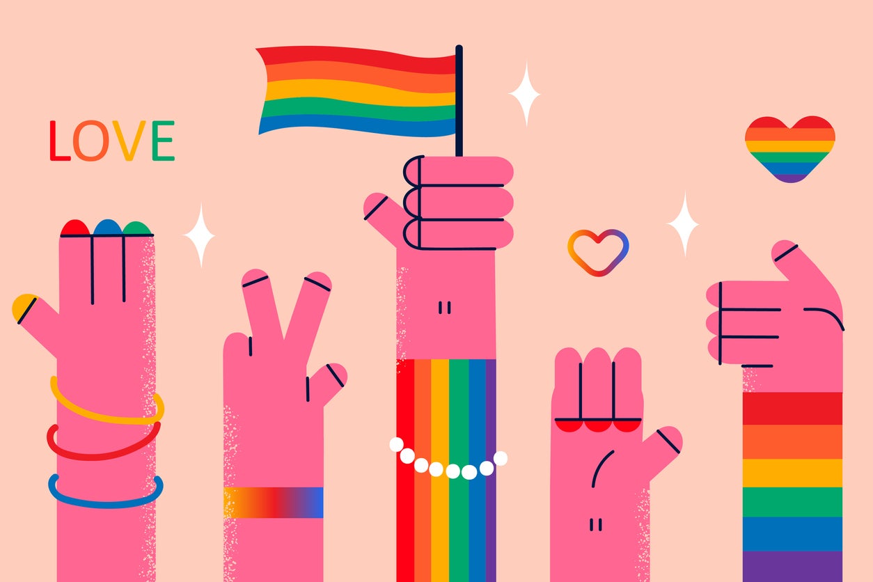 People hold flags and signs of LGBT society support homosexual and transgender community. Person raise hands up on gay parade. Pride month holiday. Bisexual and lesbian. Vector illustration.