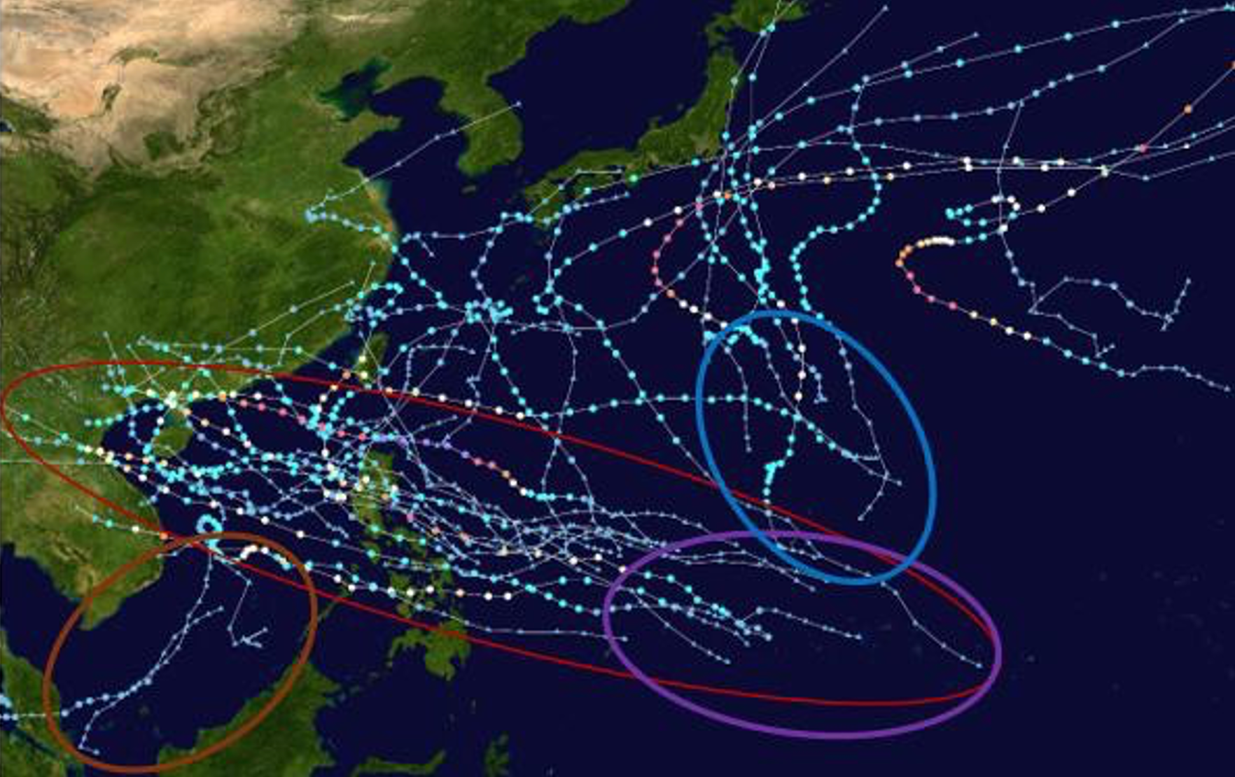 Satellite map showing historical tropical cyclone tracks across the Western Pacific Ocean and surrounding Asia-Pacific regions. White dotted lines trace numerous cyclone paths, with several prominent tracks highlighted in coloured ovals (orange, red, blue, and purple) indicating significant storm systems affecting areas from Southeast Asia to Japan and the Pacific Islands.