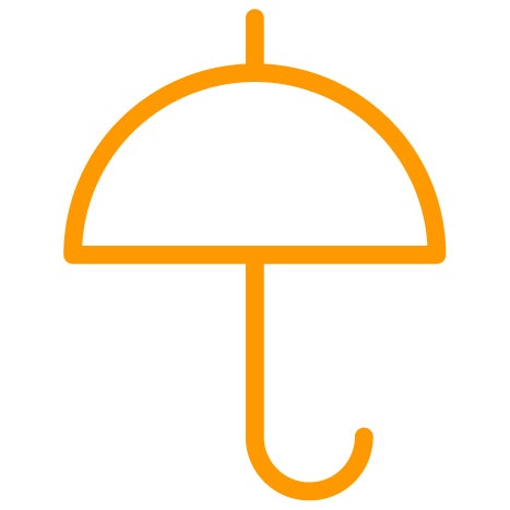 Icon of an umbrella in orange outline colour