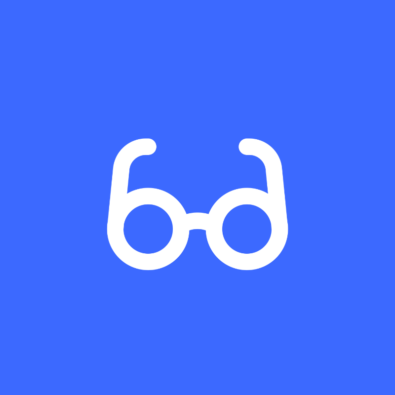 Icon of reading glasses in white on blue background
