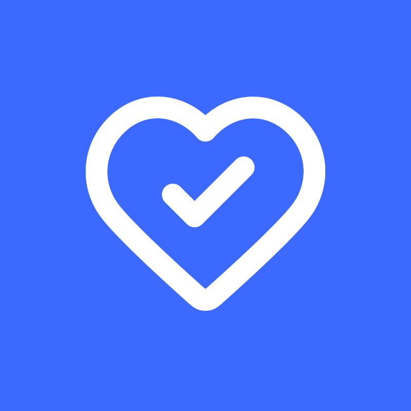 White heart icon on blue background.