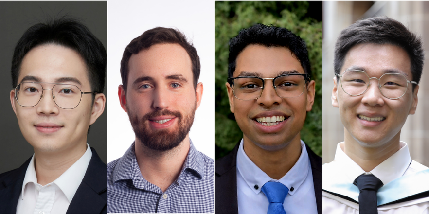 Four headshots side by side of Young Actuaries Program chairs Kuan Ying Chen, Zack Domrow, Sankarshan Muralitharan and Robert Xu.