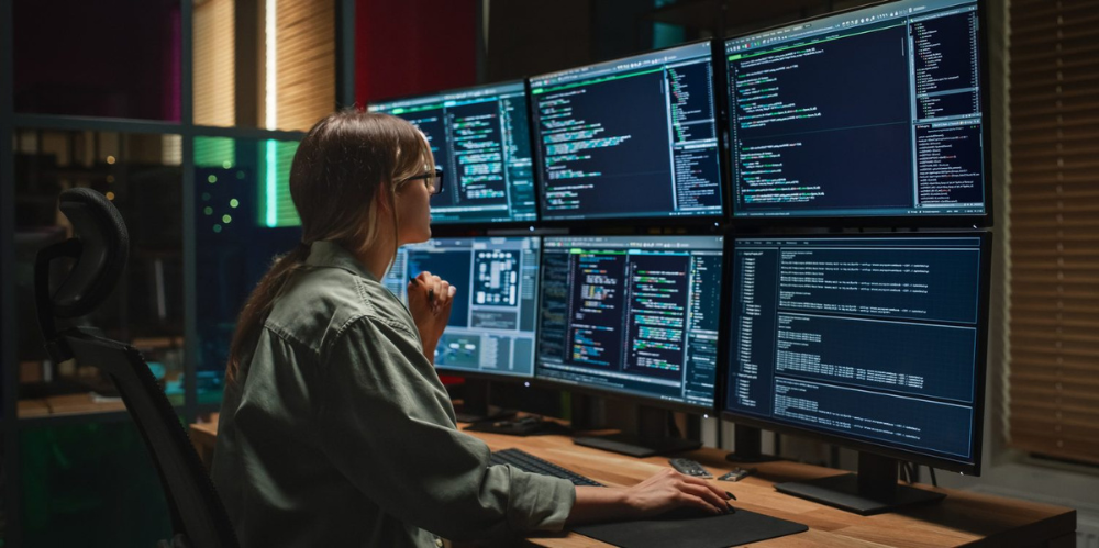 A woman looking at her 6 monitors, for what could only be a very busy day at work