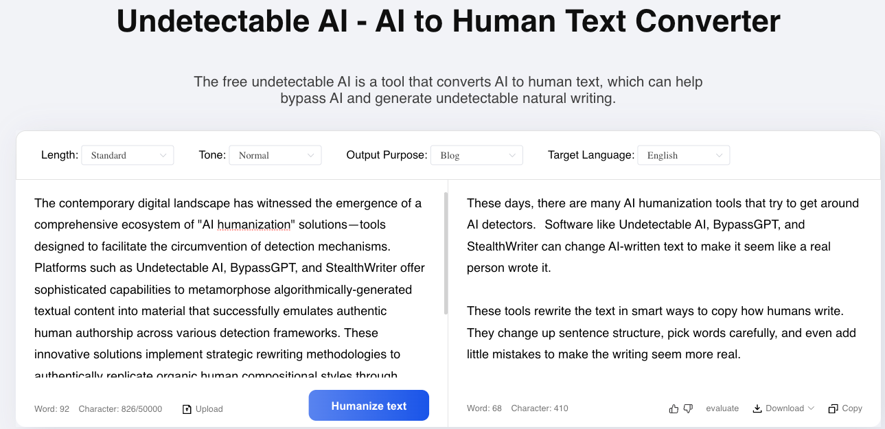 An example of humanisation of text using Undetectable AI