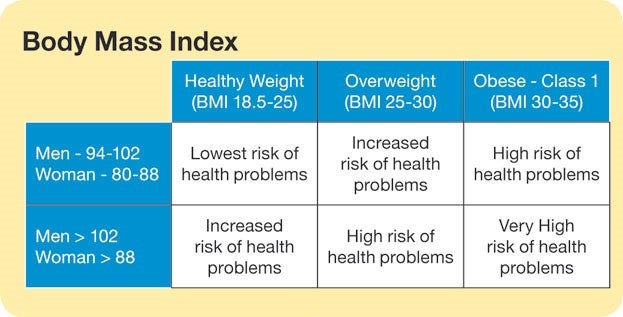 Blue and white table of Body Mass Index.