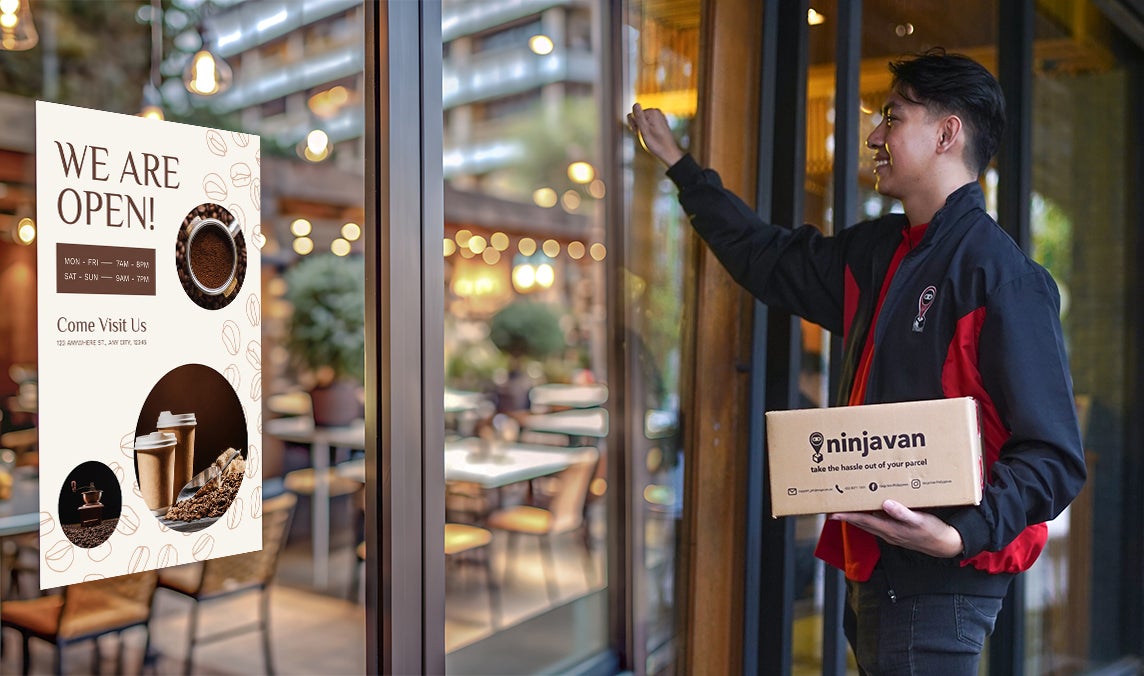 Ninja Van rider knocking in cafe.