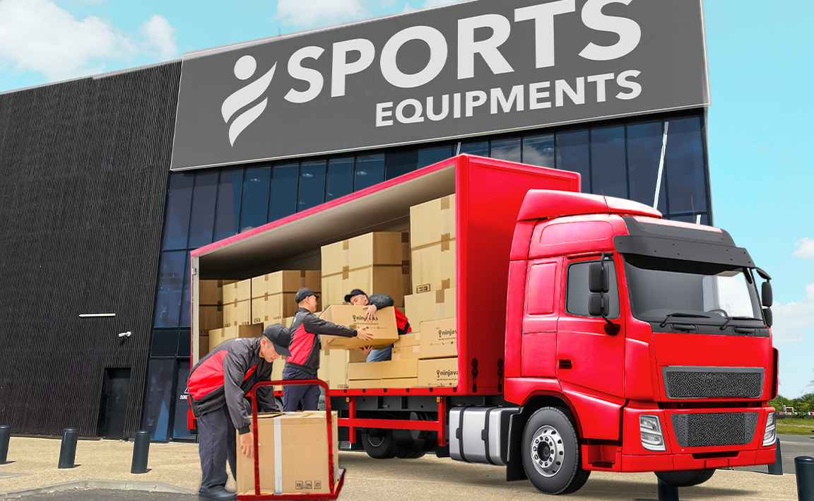 Ninja Van truck unloading packages in GYM equipment store.