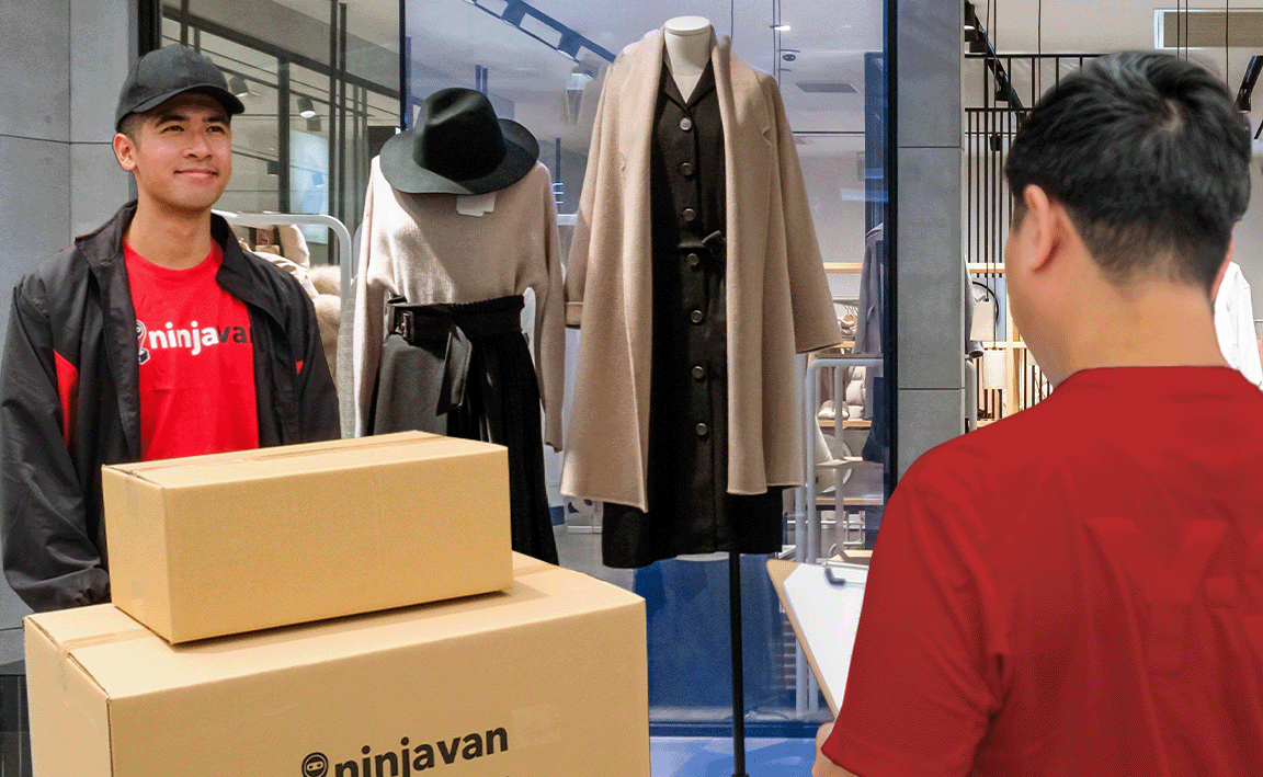 Rider delivering to clothing store.