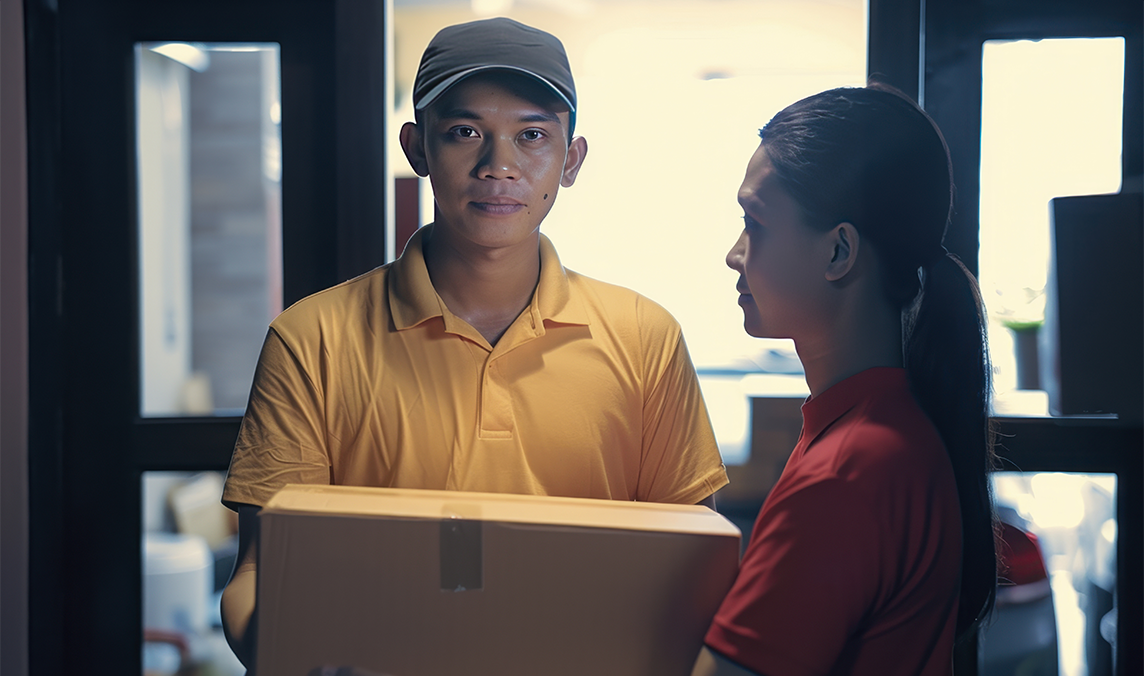 Rider handing parcel