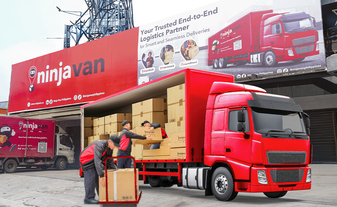 Workers loading packages into Ninja Van truck outside Ninja Van Warehouse.