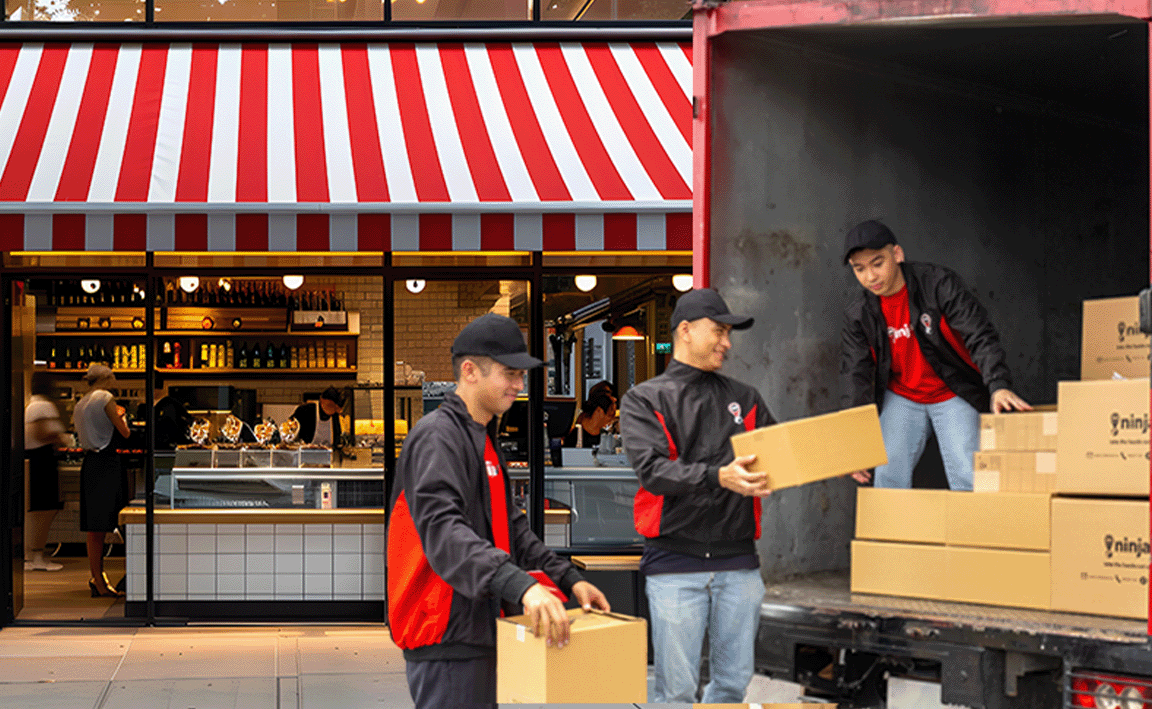3 men taking out boxes marked as "Ninja Van" out of a truck.
