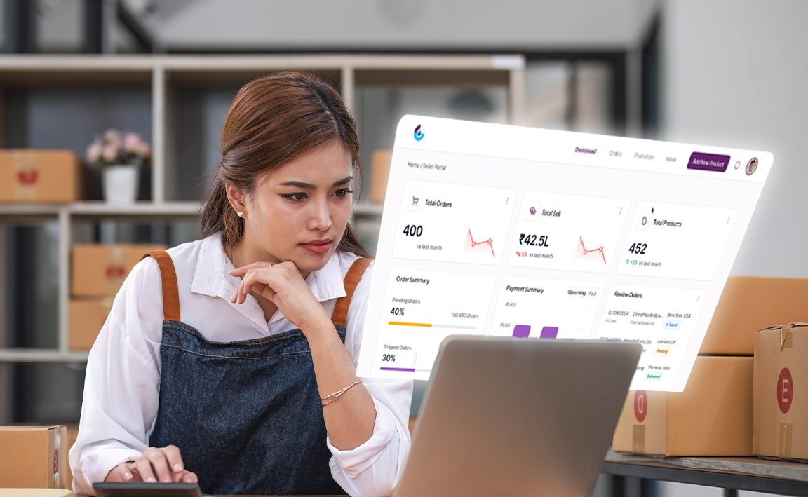 Woman checking analytics on her laptop.