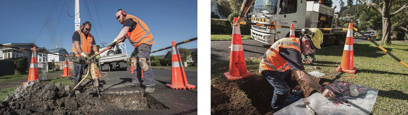 Watercare contractors respond to suburban leaks, discovering the source of and repairing the leak.
