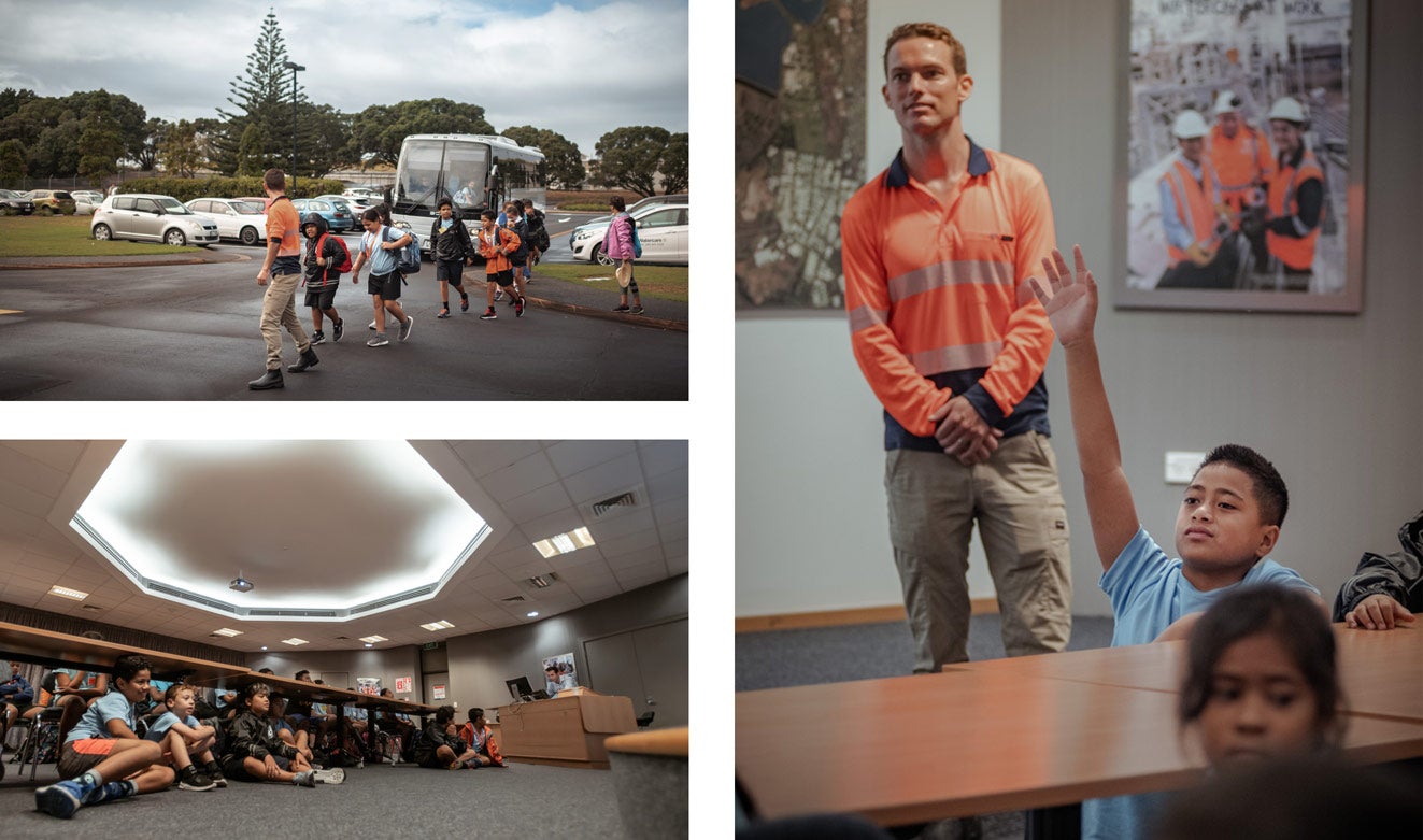 Watercare's Environmental Scientist Liam Templeton welcomes and informs St Joseph's Grey Lynn School students at the Māngere Wastewater Treatment Plant.