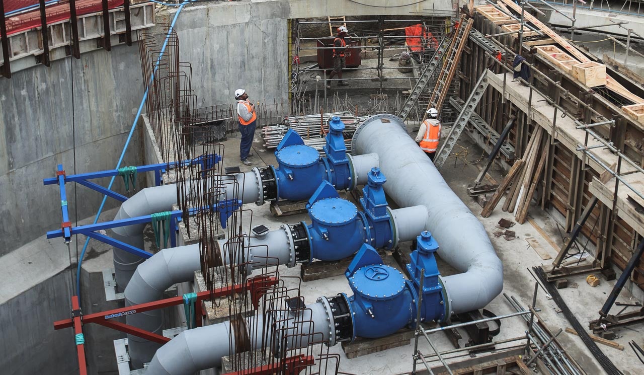 A view above ground of the construction of the Northern Interceptor tunnel's pipework.