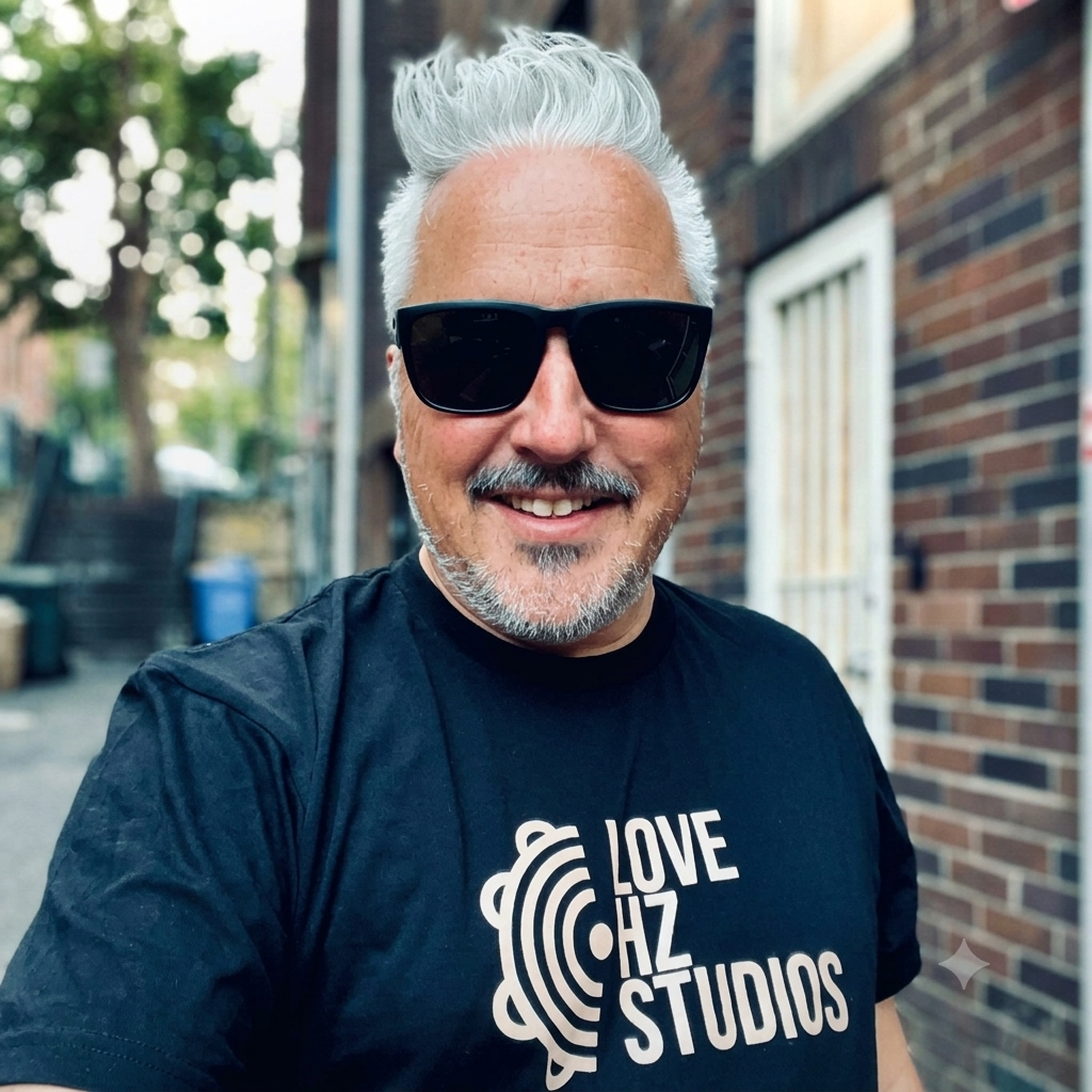 Simon Hart with silver hair and sunglasses, wearing a black studio T-shirt
