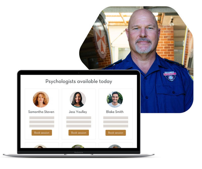 Image of working man standing and looking into camera. Image of My Mirror psychologist matching tool in front of it 