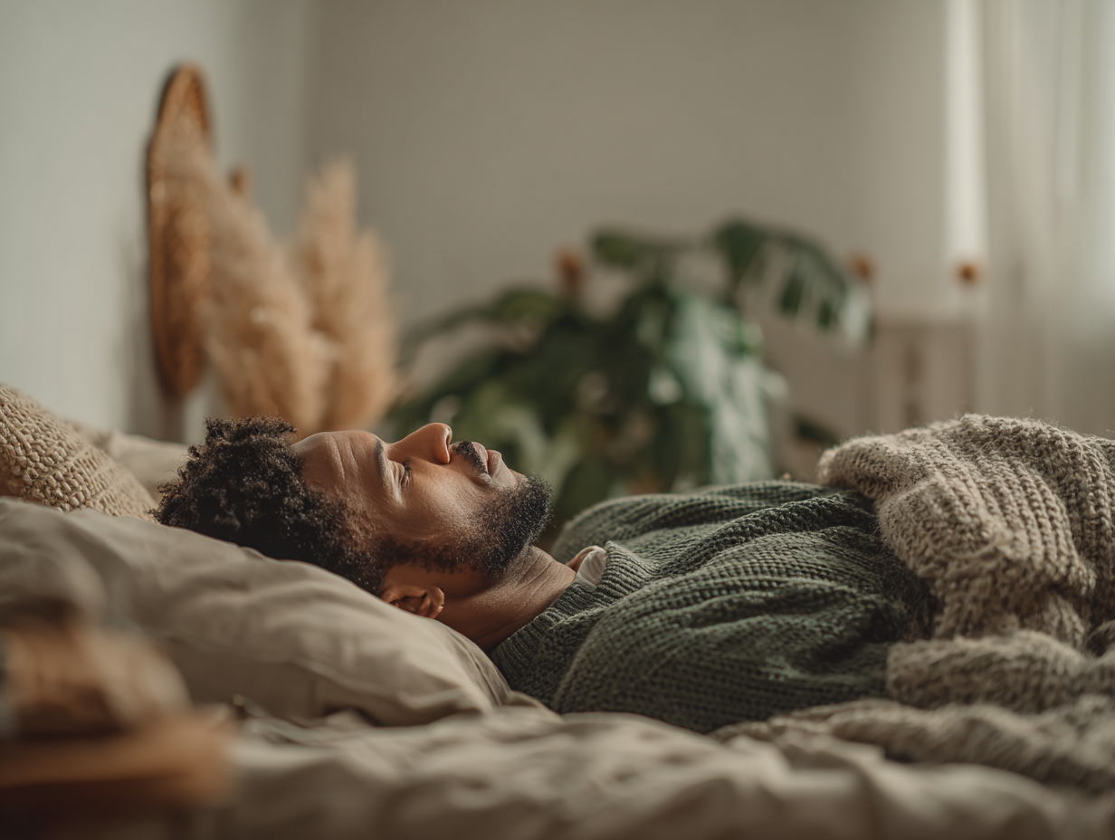 A man lies peacefully in bed under a cosy blanket, demonstrating the importance of rest and self-care as part of anxiety relief. 