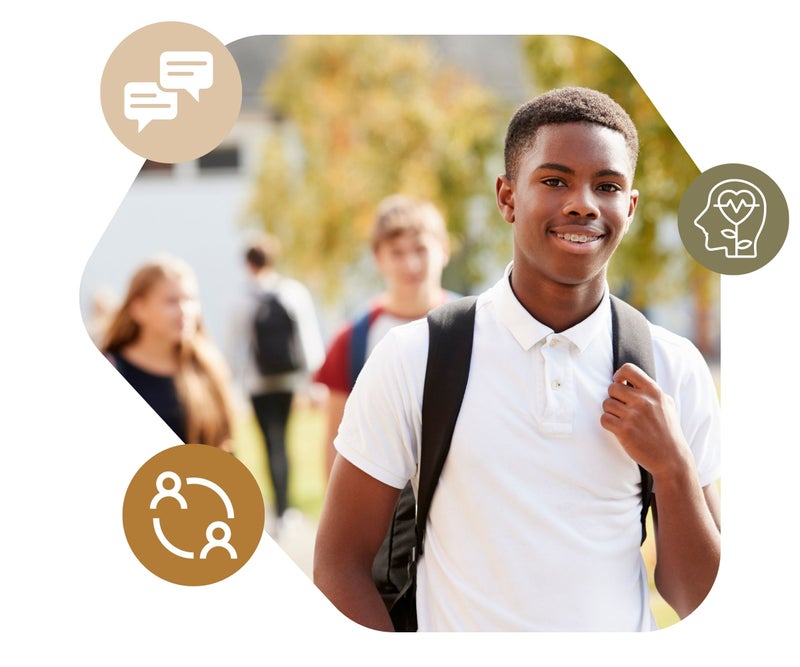 Image of young man smiling at camera as he walks with his backpack on. 3 icons of teenager therapy offerings surrounding him 