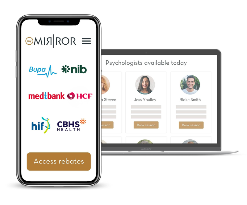 This image showcases a list of Australian private health insurance providers, including major names like Bupa, Medibank, nib, HBF, HIF, and CBHS Health, that accept claims for psychology sessions through My Mirror.