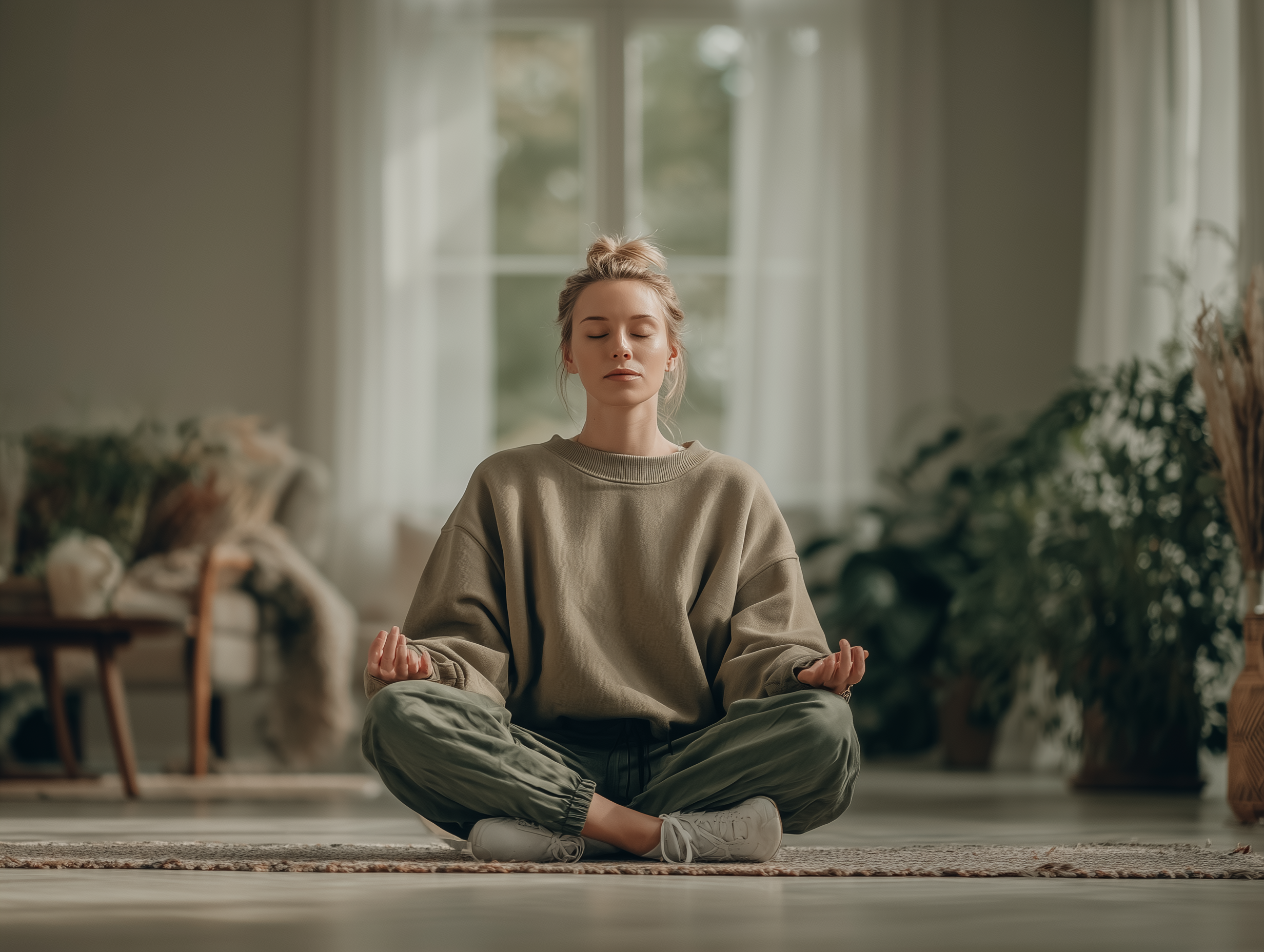 A calm young woman sits cross-legged practising mindfulness meditation in a peaceful, sunlit living room.