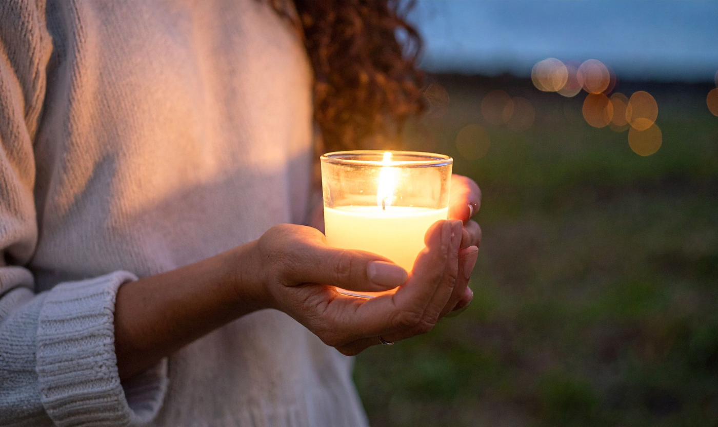 A person gently holds a candle at dusk, symbolising hope, remembrance and support during Pregnancy and Infant Loss Awareness events in Australia.