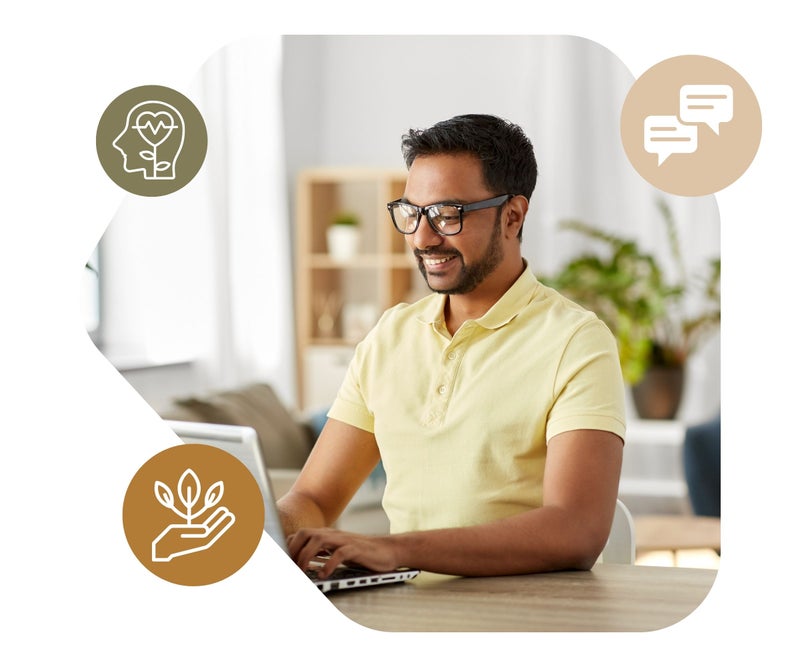 Image of man sitting on computer smiling surrounded by 3 icons of therapy offerings