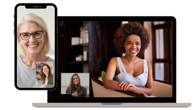 Image of a mobile phone device view and desktop view of a client and psychologist in session