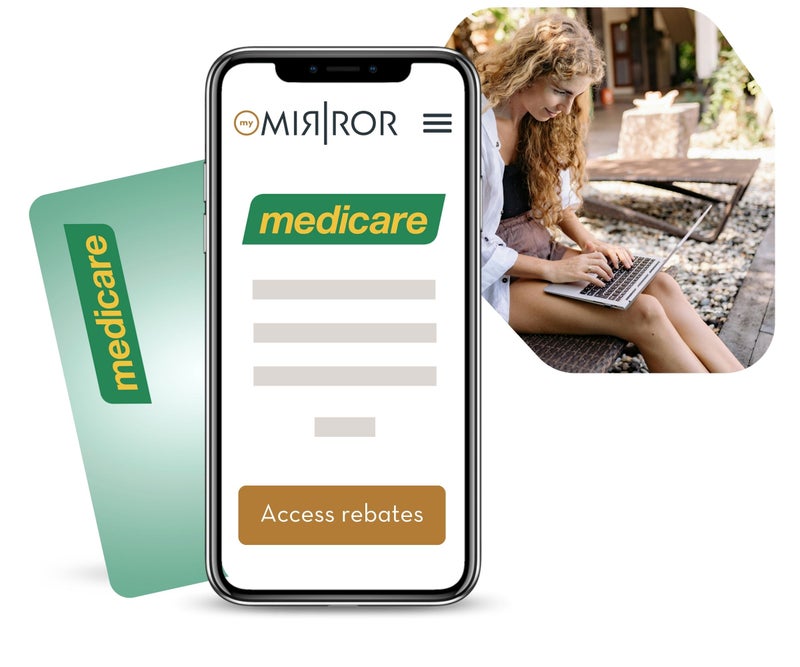 Image of Medicare icons along with women on her laptop 