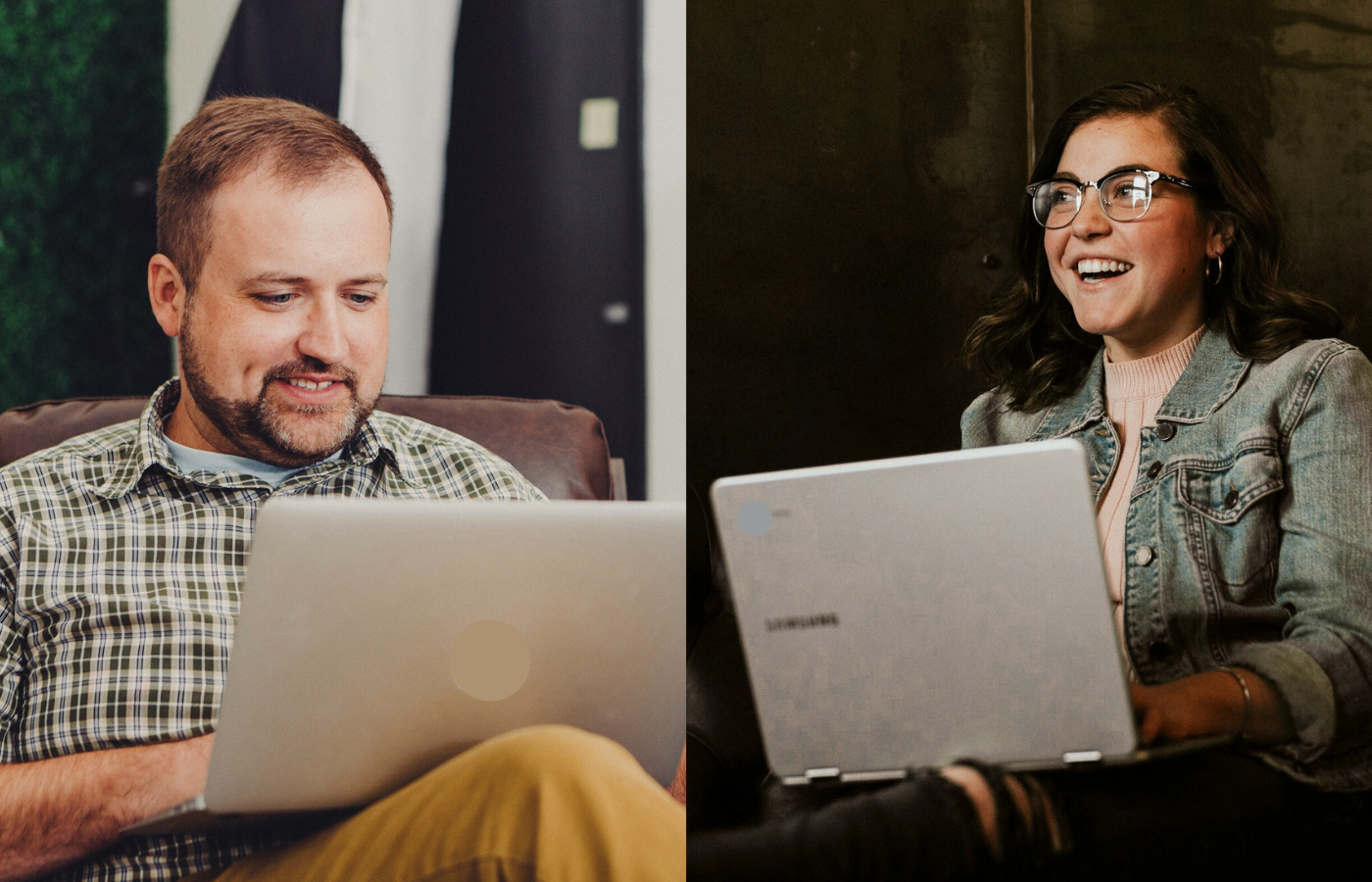 A mid-shot of a couple, a man and woman. The image is split as they are in different locations. They are both smiling, and using laptops to speak to their couples counsellor from different locations.