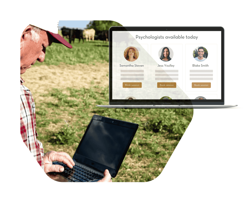 Image of farmer on his laptop with an icon displaying My Mirror psychologists on laptop